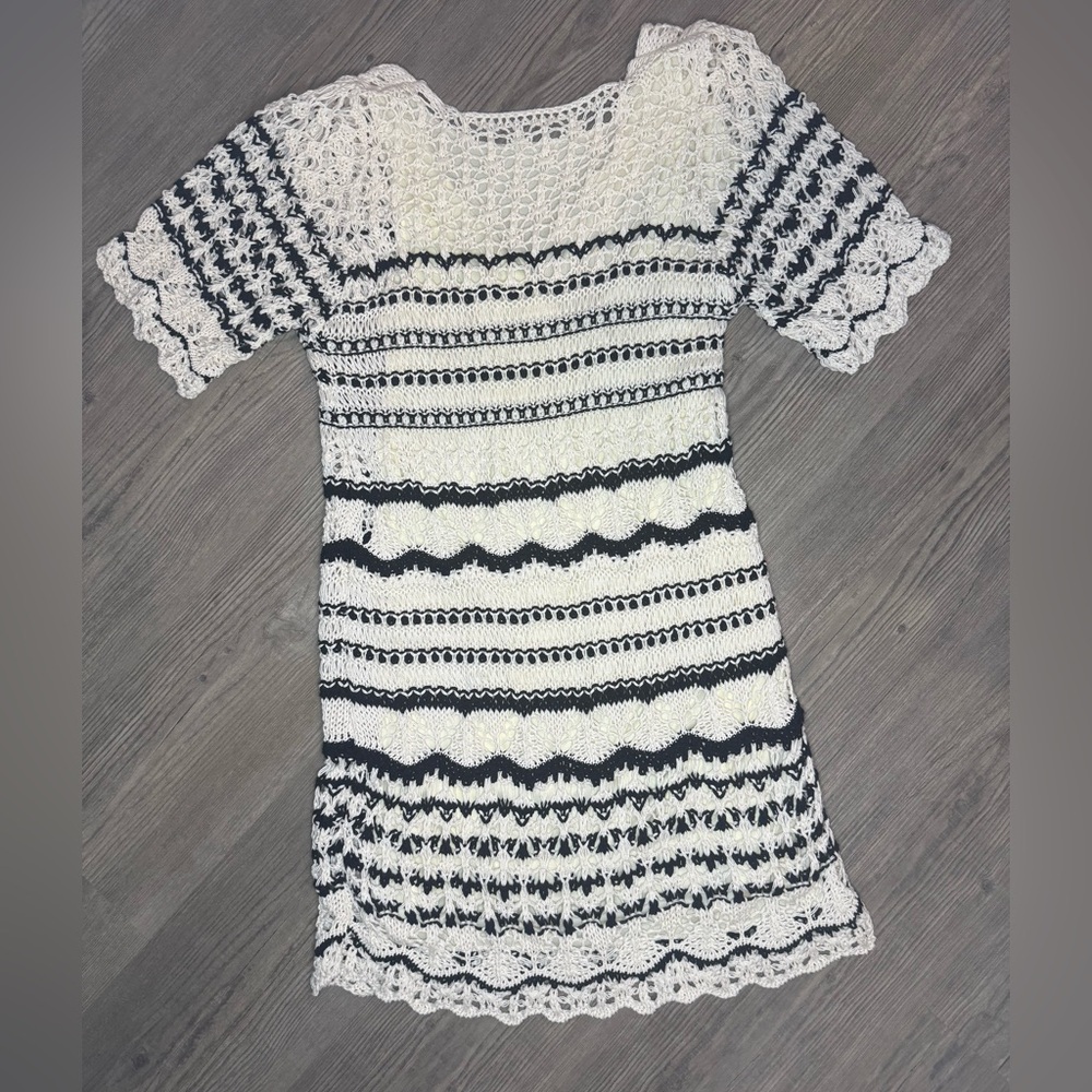 Zara Crochet Knit Dress Cream Black Boho Mini Dress NWT Size S